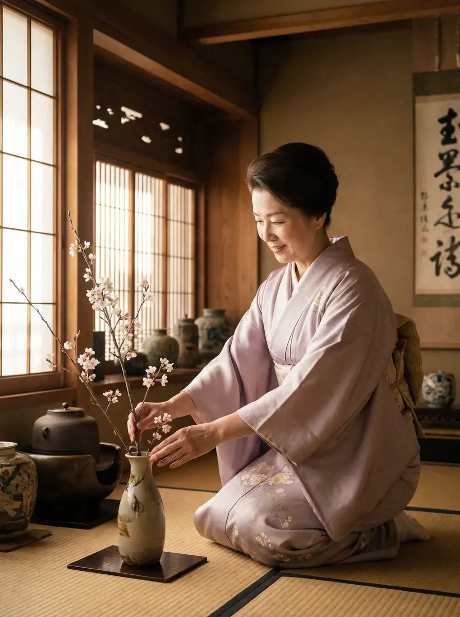 一位优雅的 桥本香菜 在和室中插花